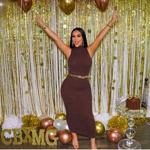 Carli Bybel Missguided Chocolate Fluffy Knit Midaxi Dress